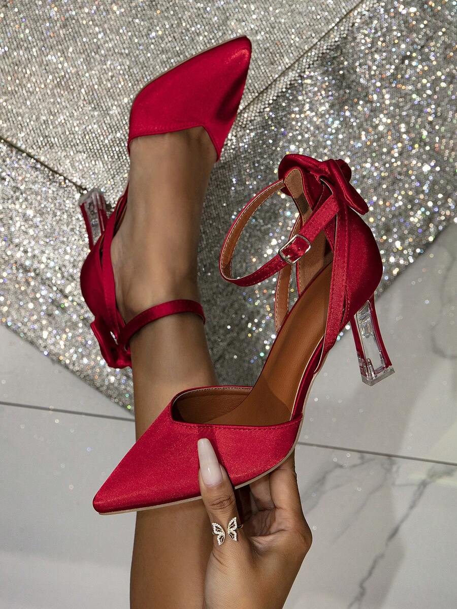 Đúng mốt Thắt nơ Dao găm nhỏ Giày cao gót Dép xăng đan Với Thiết kế rỗng - Đỏ - Xem 1