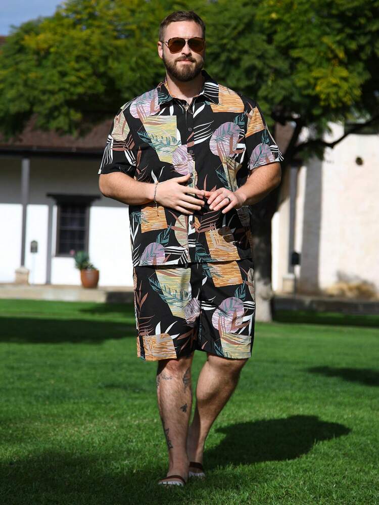 Men's Plus Size Printed Short Sleeve Shirt Set
