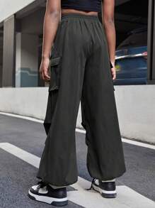 SHEIN 少女休閒編織純色彈性腰口袋束口運動褲 - 黑色 - 查看 2