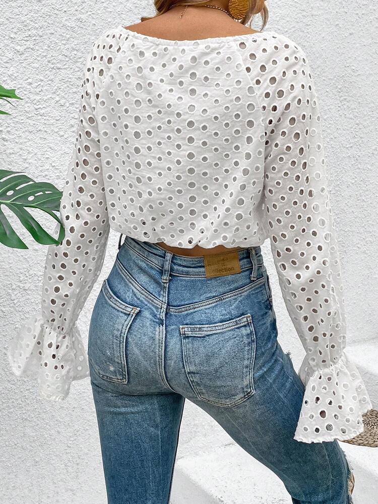 Solid Color Hollow Out Embroidery Bell Sleeve Shirt Fall Cloth For Women