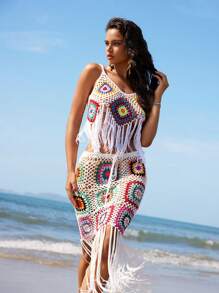 Swim Vcay Couvre-maillot de bain côtelé à motif géométrique coloré avec franges, pour les vacances d'été à la plage