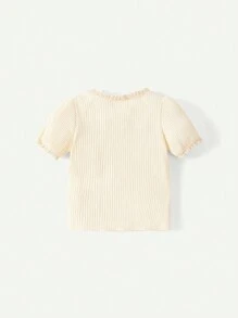 Cozy Pixies Baby Girl Knitted Soft Contrast Lace Trim Puff Sleeve Round Neck T-Shirt 2pcs/Set - Baby Blue - View 2