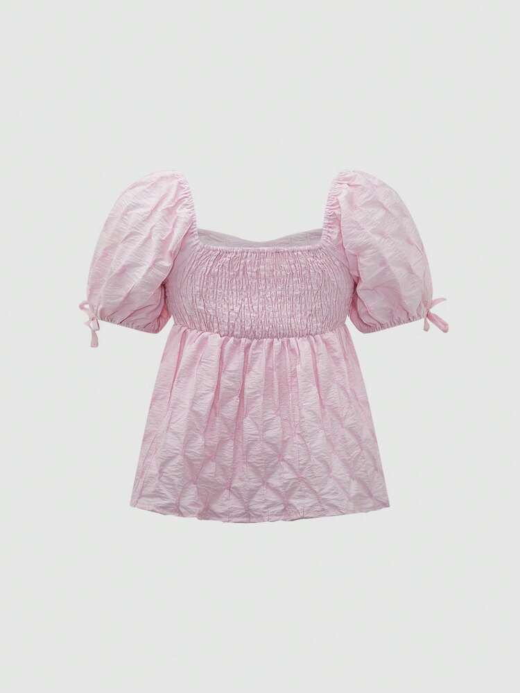 Solid Color Puff Sleeve Shirt With Texture