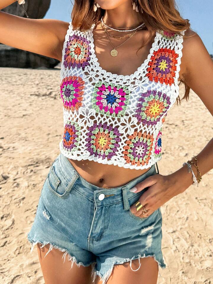 Breezaya 花柄ノースリーブかぎ針編みニットトップ | SHEIN JAPAN