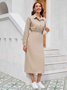 Mulvari 純色鬆身上衣和裙子兩件套裝 - 卡其色 - 查看 1