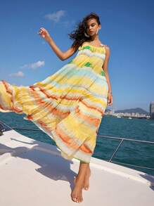 Anewsta Women's Colorful Striped & Printed Shoulder Tassel & Fringe Dress For Vacation, Women Cruise Outfit - Yellow - View 3