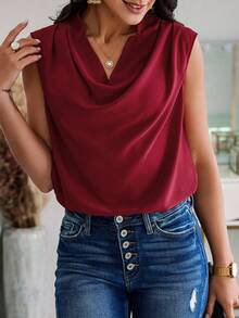 SHEIN Clasi 女士無袖實色上衣,具有垂墜領口設計 - 酒紅色 - 查看 5