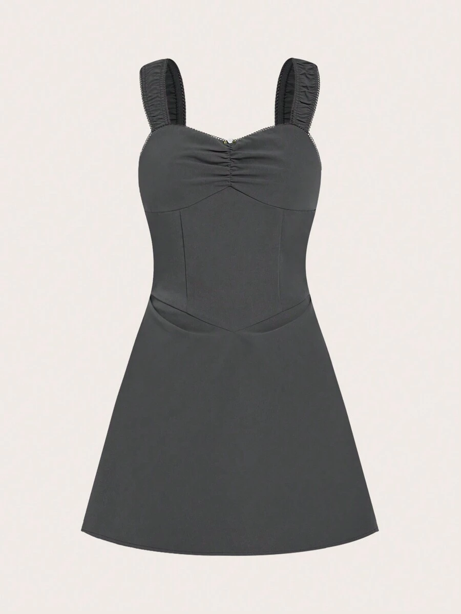 SHEIN Qutie Không tay Dây đeo rộng Ruffle Váy chữ A - Xám - Xem 1