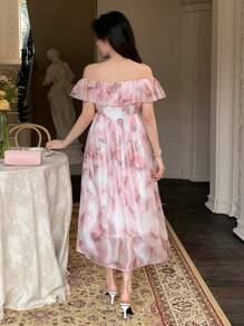 DAZY Women's Off-Shoulder Rose Print Tie Cinching Waist Dress With Short Sleeves Sundress