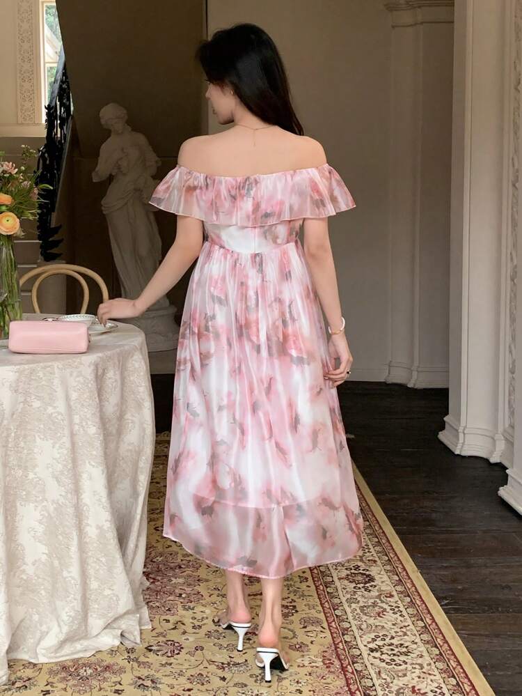 Women's Off-Shoulder Rose Print Tie Cinching Waist Dress With Short Sleeves Sundress Vacation Outfits Women Floral Maxi Dress Boho