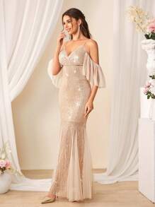 SHEIN Belle Women's Open Shoulder Sequined Bridesmaid Dress