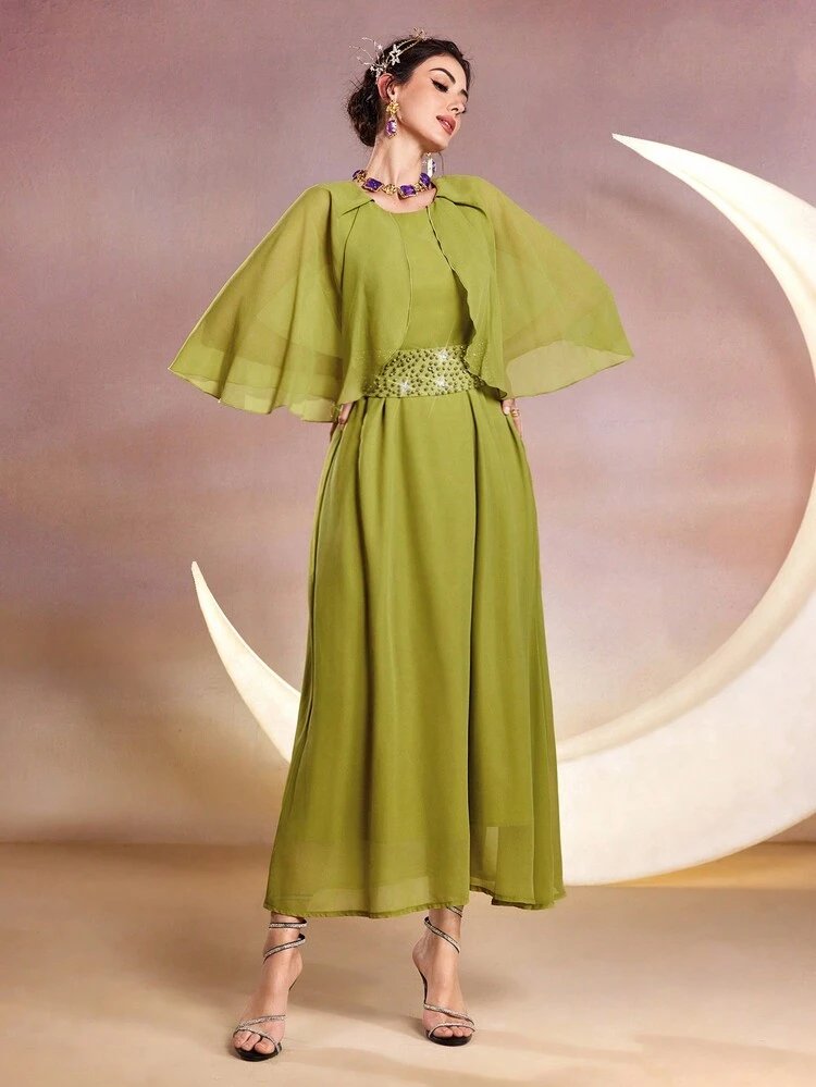 Women's Cape Sleeve Round Neck Dress Long Evening Dresses