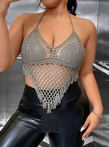 Allurite Plus Size Solid Color Hollow Out Knitted Top With Fringe Hem, Open Back & Halter Neckline - Camel - View 1