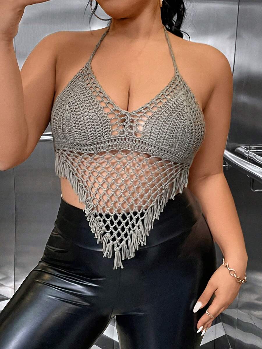 Allurite Plus Size Solid Color Hollow Out Knitted Top With Fringe Hem, Open Back & Halter Neckline - Camel - View 1