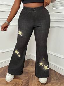 SHEIN EZwear Plus Size Star Printed Skinny Flared Jean-Like Pants - Black - View 1