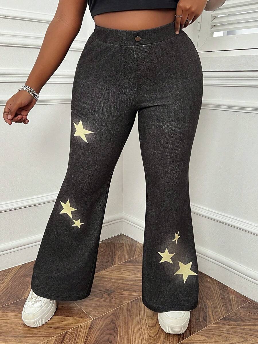 SHEIN EZwear Plus Size Star Printed Skinny Flared Jean-Like Pants - Black - View 1