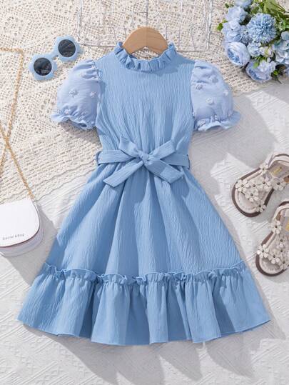 SHEIN Young Girl Summer Sleeveless Dress With Stand Collar And Bubble Sleeves, Mid-Long A-Line Dress, For Children