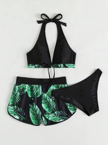 SHEIN Swim 3packs Leaf Print Bikini & Swim Shorts,Summer Beach - Dark Green - View 3