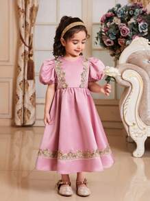 SHEIN Süßes Kleid mit Puffärmeln, rundem Ausschnitt und Schleifen am Rücken für Kleine Mädchen