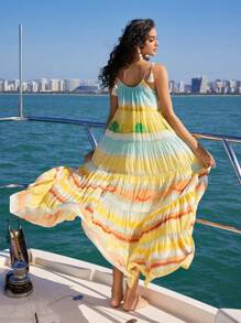 Anewsta Women's Colorful Striped & Printed Shoulder Tassel & Fringe Dress For Vacation, Women Cruise Outfit - Yellow - View 2