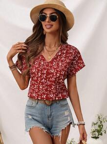 SHEIN LUNE A Must-Have Red Floral Print V-Neck Slim Fit Women's Shirt For Streets - Multicolor - View 4