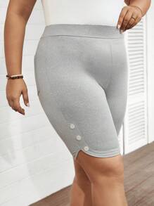 SHEIN LUNE Plus Size 3pcs/Set High Elasticity Sports & Casual & Daily Basic Shorts Set With Side Wooden Button & Buckle Decor, For Women