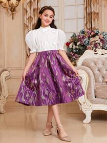 SHEIN Tween 女童修身可爱立领泡泡袖衬衫和提花裙两件套 - 彩色 - 查看 1