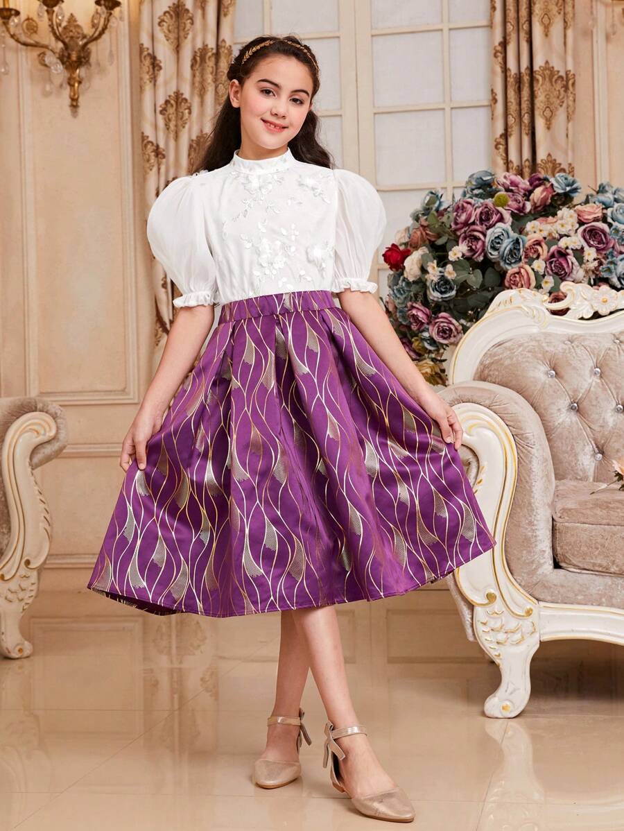 SHEIN Tween 女童修身可爱立领泡泡袖衬衫和提花裙两件套 - 彩色 - 查看 1