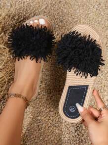 Women's Lightweight Embellished Slip-On Sandals - Casual Slip-On Flat, Open Toe, Flat Heel, EVA Sole, Fabric Upper, Summer Beach Shoes, Washable, Casual Footwear | Bow Tie Sandals | Lightweight Shoes - Black - View 2