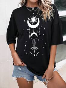 SHEIN Essnce Camiseta Impresa Con Sol, Luna, Estrellas Y Ojo - Negro - Ver 1