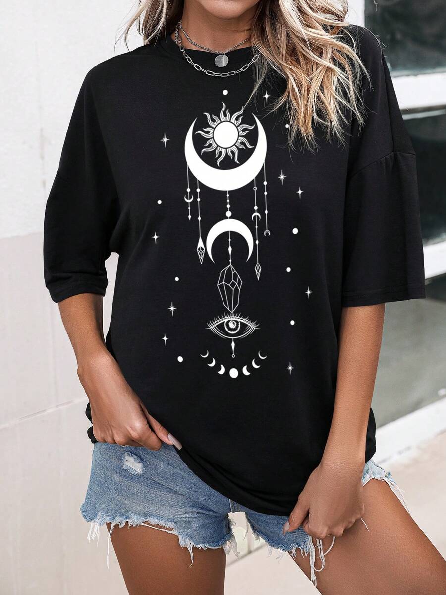 SHEIN Essnce Camiseta Impresa Con Sol, Luna, Estrellas Y Ojo - Negro - Ver 1
