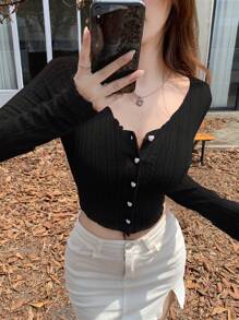 DAZY 女式纯色修身短款T恤长袖女式上衣 - 黑色 - 查看 4