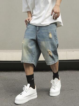 Manfinity EMRG Men's Distressed Casual Denim Shorts Baggy Jorts Plain Light Blue Going Out Fashion Rapper Going Out Hang Out Commute College Street