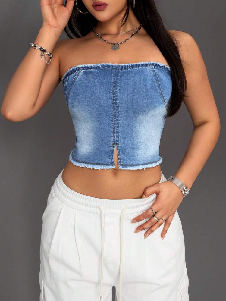Frayed Denim Strapless Top
