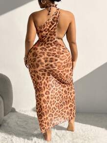 SHEIN Swim Curve Summer Beach Plus Size Women's Leopard Printed Halter Neck Separated Bikini Set - Multicolor - View 2