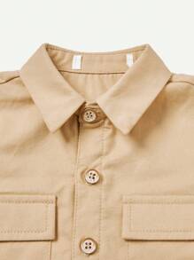 Baby Boy Plain Shirt Collar Short Sleeve Cardigan And Casual Shorts Set - Khaki - View 4