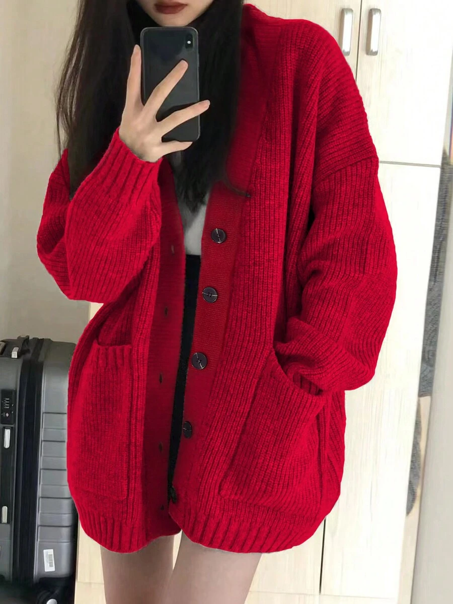 Alicedudu Oversized Loose Casual Cardigan With Big Pockets
