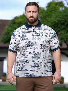 Genlund Men's Plus Size Palm Tree Printed Short Sleeve Polo Shirt - Multicolor - View 5