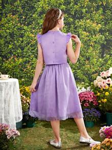 Tween Girls' Lace Collar Cape Sleeve Back-Opening Rhinestone Blouse With Beaded Mesh Flowy Skirt Set - Lilac Purple - View 2