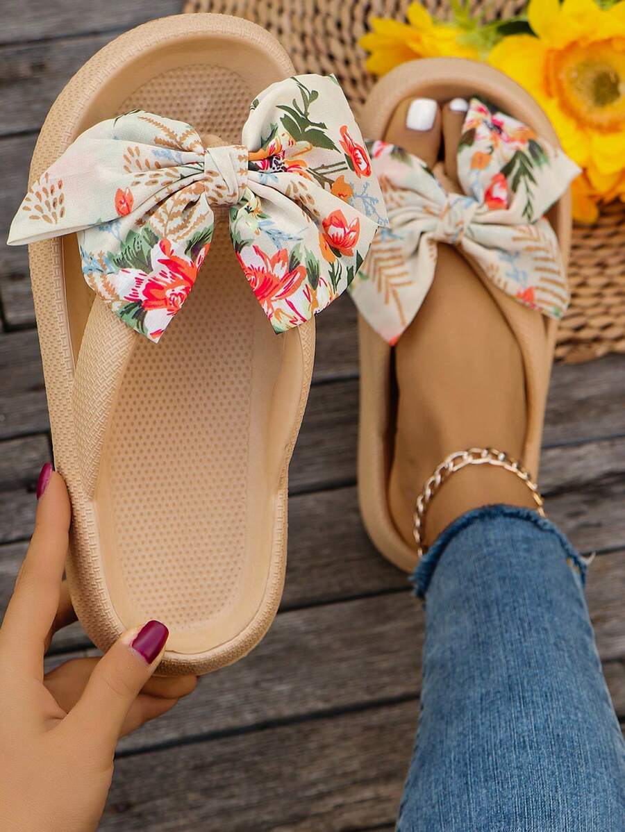 Summer Beach Vacation Thick-Soled Anti-Slip Plastic Slippers, Simple And Casual Women's Sandals, DIY Bow & Random Printed Flip Flops - Khaki - View 1