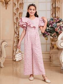 SHEIN Bộ áo liền quần dài tuyệt đẹp và truyền thống của Cô gái Tween với đường viền cổ chữ V và viền xếp nếp - Hồng - Xem 2