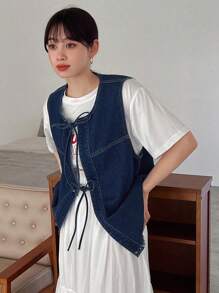 FRIFUL Women's Denim Vest Jacket With Frayed Hem And Drawstring - Blue - View 3