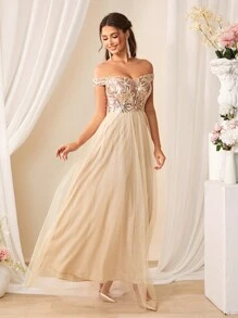 SHEIN Belle Women's Sequined Off Shoulder Bridesmaid Dress - Apricot - View 5