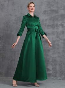 Vestido Formal De Satén Para Mujer Con Manga 3/4 - Verde Oscuro - Ver 7