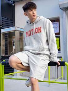 DAZY Nam Mùa hè In thư Dây rút Bộ áo hoodie và quần short - Xám - Xem 5