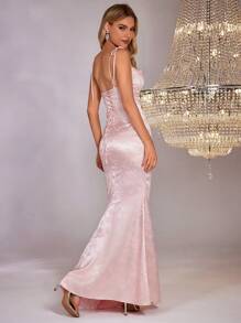 PARTHEA Backless Crisscross Tie Up Jacquard Satin Long Dress - Pink - View 2