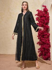 Layrah 女士土耳其传统 Jalabiya 带有金银线编织条纹，优雅奢华的晚会风格