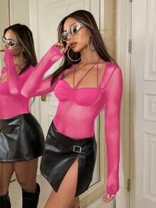 SHEIN ICON Women's Tight Mesh Sheer Long Sleeve Bodysuit - Hot Pink - View 3