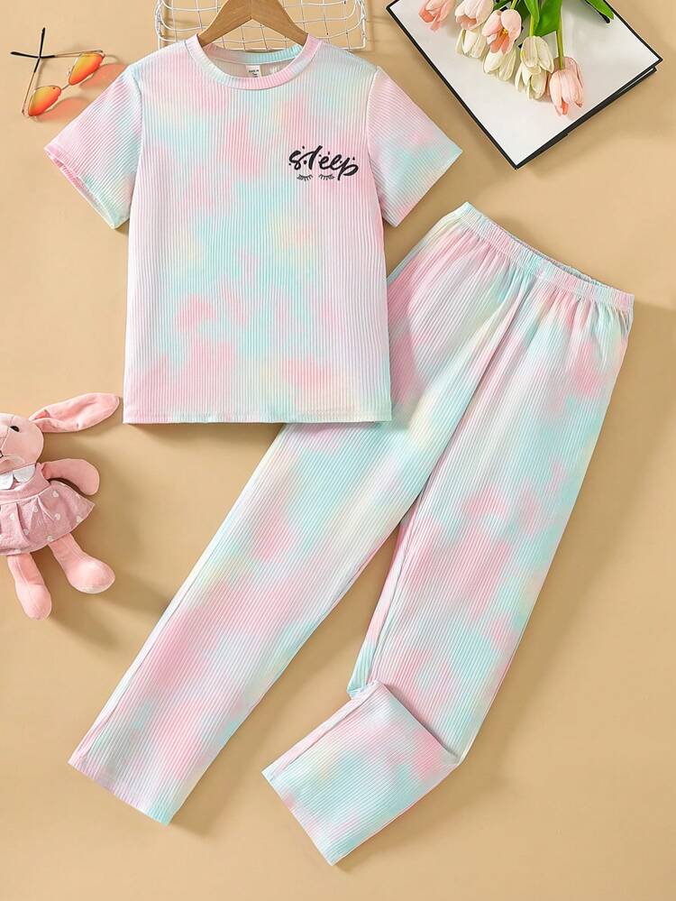 Teen Girls' Minimalist Tie Dye Wide Leg Pants And Loose Short Sleeve Top Set, Fashionable Home Wear