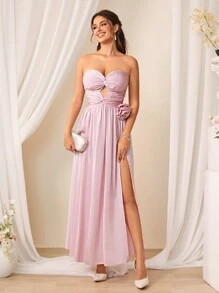 SHEIN Belle Solid Color Twisted Knot & Hollow Out & 3d Flower Decor High Split Strapless Bridesmaid Dress - Pink - View 1